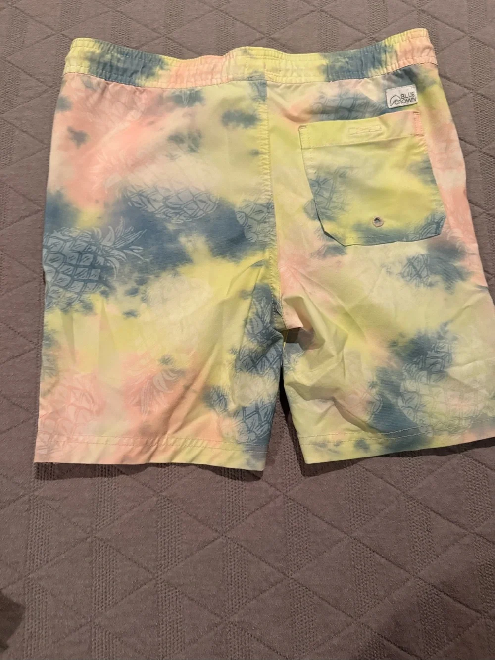 Blue Crown  Kids Tie-Dye Pineapple Swim Trunks - Pastel Yellow, Blue & Pink